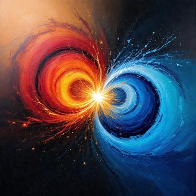 The primary subject of the image is a painting featuring two large, colorful circles. The setting is a dark background, which contrasts with the vibrant colors of the circles. The visual style is a combination of digital art and illustration, creating a unique and eye-catching piece of art. The dominant colors are red and blue, which evoke a sense of energy and dynamism. Overall, the painting exudes a lively and captivating atmosphere.